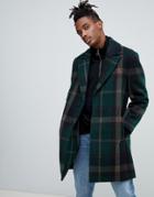 Asos Design Wool Mix Overcoat With Peak Lapel In Green Check - Green