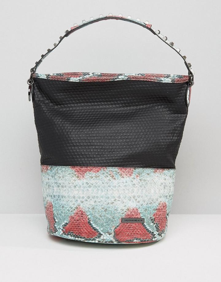 Silvian Heach Large Bucket Shoulder Bag With Faux Snakeskin And Studded Strap - Black