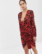 Flounce London Front Plunge Wrap Midi Dress With Long Sleeve In Red Zebra Print - Multi
