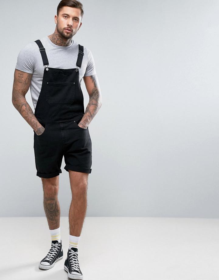 Asos Short Denim Overalls In Black - Black