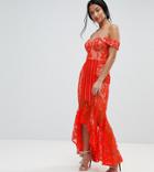 Jarlo Petite All Over Lace Off Shoulder Fishtail Midi Dress - Orange