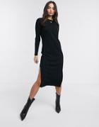 Asos Design Fine Knit Ribbed Midi Dress-black