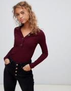 New Look Button Through Rib Top In Burgundy - Red
