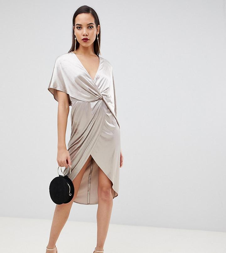 Asos Design Tall Midi Dress In Velvet With Asymmetric Kimono Sleeve - Beige