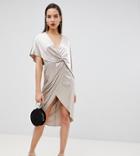 Asos Design Tall Midi Dress In Velvet With Asymmetric Kimono Sleeve - Beige