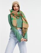 Stradivarius Winter Check Scarf In Camel With Green