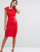 City Goddess Pencil Midi Dress With Shoulder Bow Detail - Red