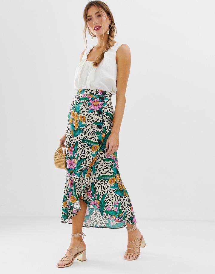 Asos Design Wrap Button Up Midi Skirt In Tropical Animal Print-multi