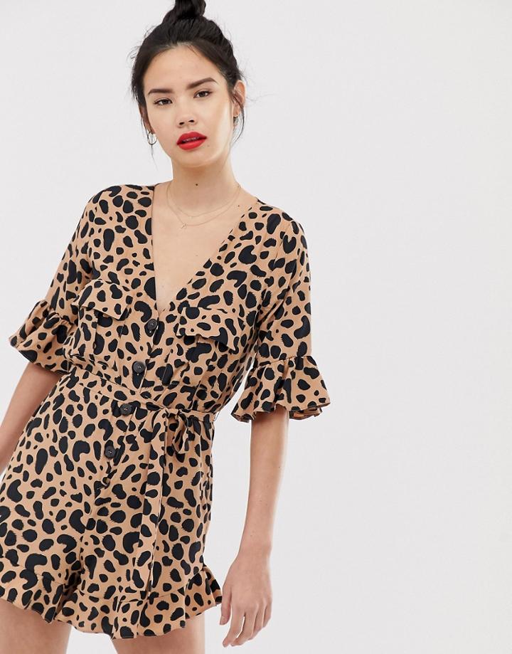 Asos Design Frill Sleeve Romper In Leopard Animal Print - Multi