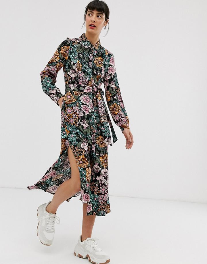 Monki Floral Print Tie Waist Midi Shirt Dress-multi