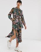 Monki Floral Print Tie Waist Midi Shirt Dress-multi