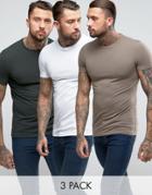 Asos 3 Pack Muscle Fit T-shirt In White/brown/green With Crew Neck Save - Multi