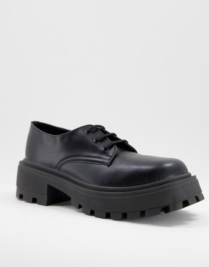 Asos Design Lace Up Shoes In Black Faux Leather With Chunky Sole With Square Toe