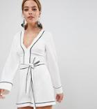 Missguided Petite Contrast Trim Belted Kimono Sleeve Romper - White