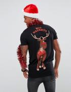 Asos Longline Holidays T-shirt With Nice But Naughty Reindeer Print - Black