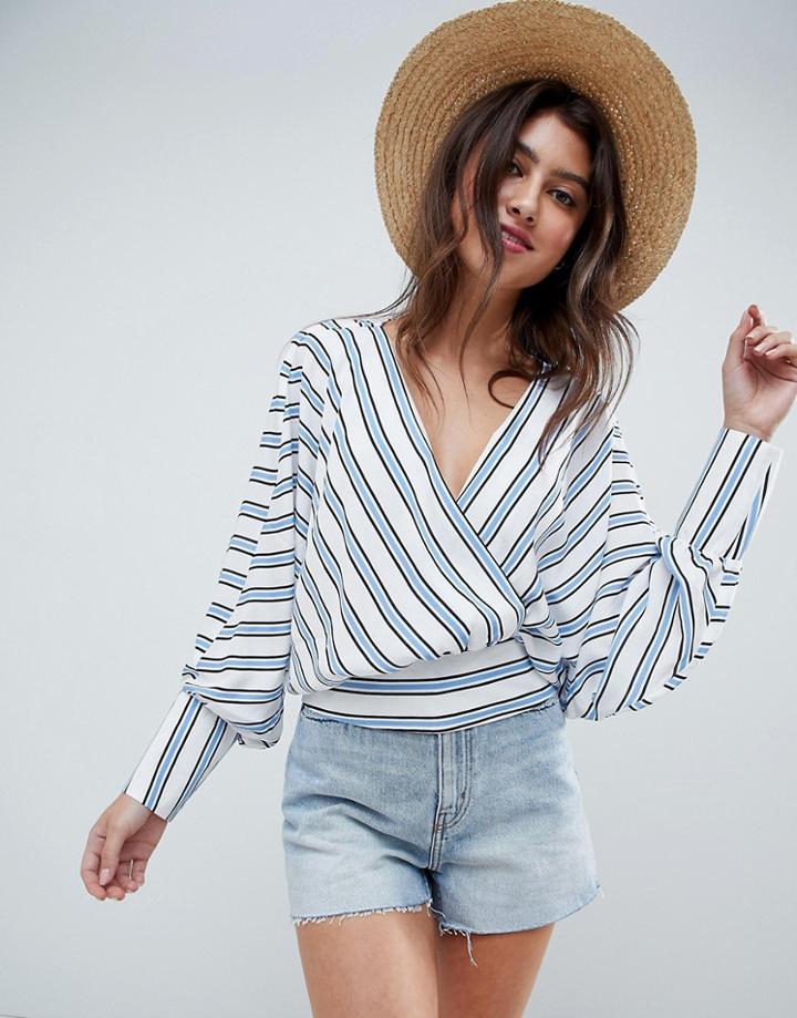 Asos Design Batwing Plunge Top In Blue & White Stripe - Multi