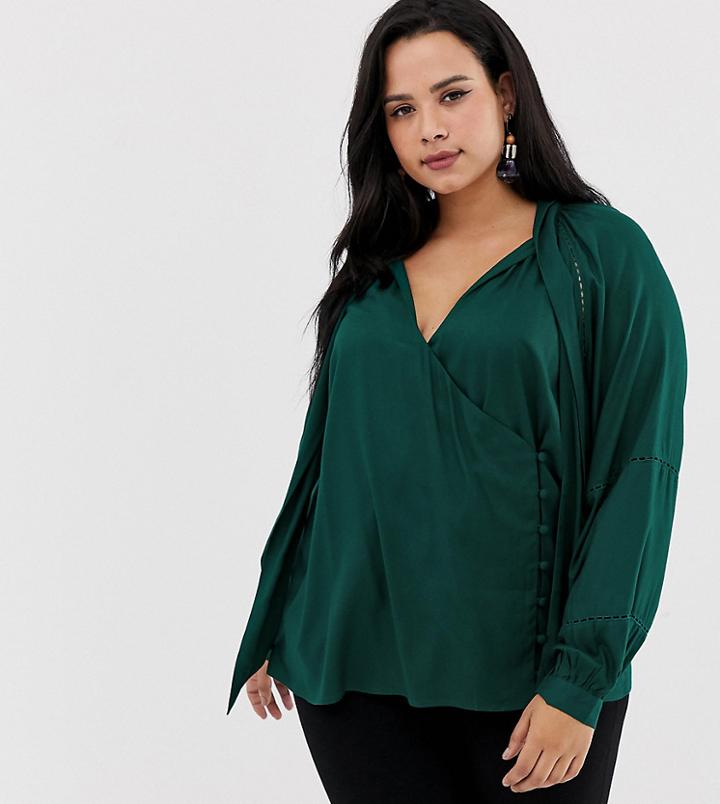 Asos Design Curve Wrap Long Sleeve Top With Button Detail And Tie Neck-green