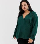 Asos Design Curve Wrap Long Sleeve Top With Button Detail And Tie Neck-green