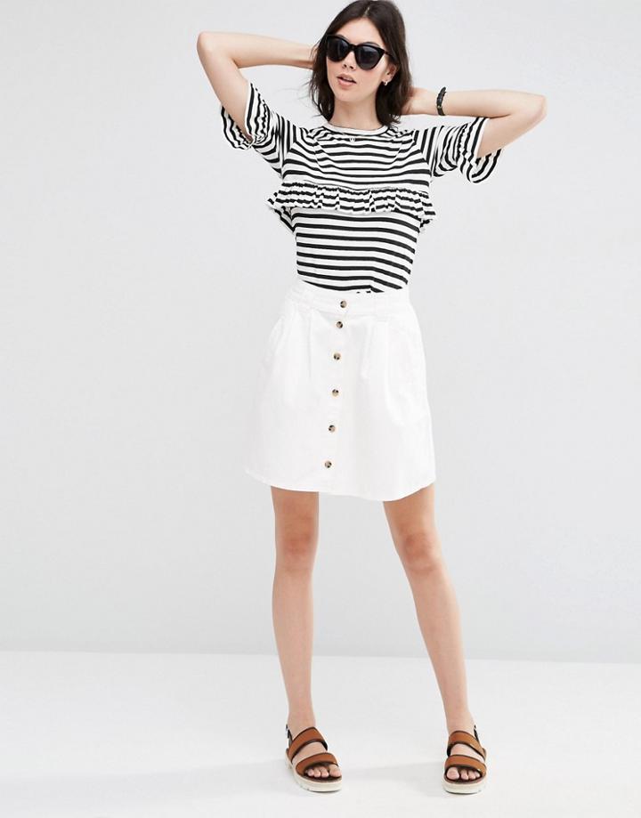 Asos Denim Button Front Mini Skater Skirt In Off White - White