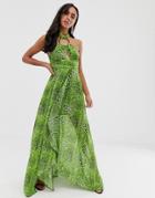 Asos Design Maxi Dress In Neon Snake Print With Circle Trim Detail - Multi