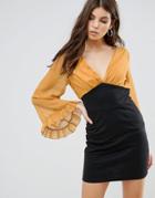 Jasmine Pencil Dress With Deep V And Flare Sleeves - Yellow