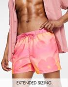 Asos Design Swim Shorts With Faded Floral Print Short Length-pink