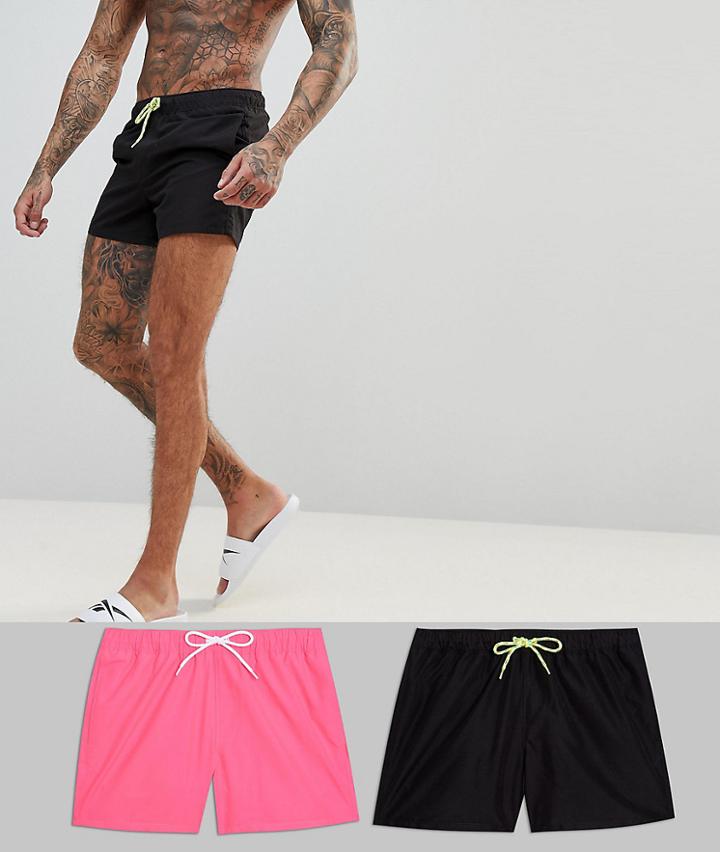 Asos Swim Shorts In Black & Neon Pink Short Length 2 Pack Save - Multi
