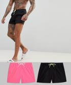 Asos Swim Shorts In Black & Neon Pink Short Length 2 Pack Save - Multi