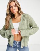 Brave Soul Daisy Button Down Boxy Cardigan In Sage-green