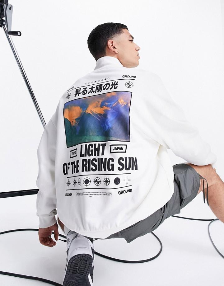 Asos Design Oversized Turtleneck Sweatshirt In Beige With Outdoors Back Print-white
