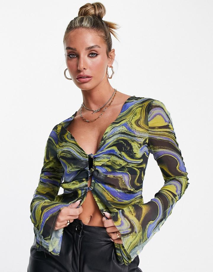 Asos Design V Neck Ruched Blouse In Marble Print-multi