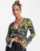 Asos Design V Neck Ruched Blouse In Marble Print-multi