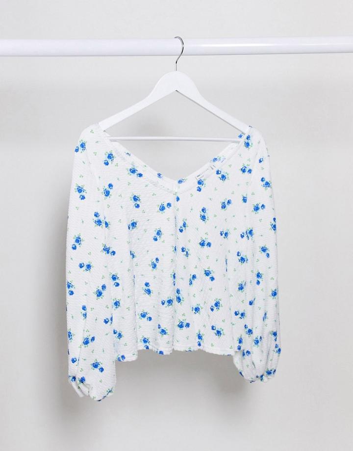 Asos Design Textured Trapeze Top In Ditsy Print With Puff Sleeve-white