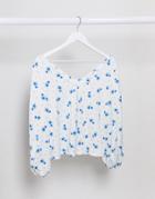 Asos Design Textured Trapeze Top In Ditsy Print With Puff Sleeve-white