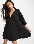 Asos Design V Neck Trapeze Mini Dress With Three Quarter Sleeve In Black