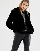 Pull & Bear Plain Fur Jacket With Collar - Black