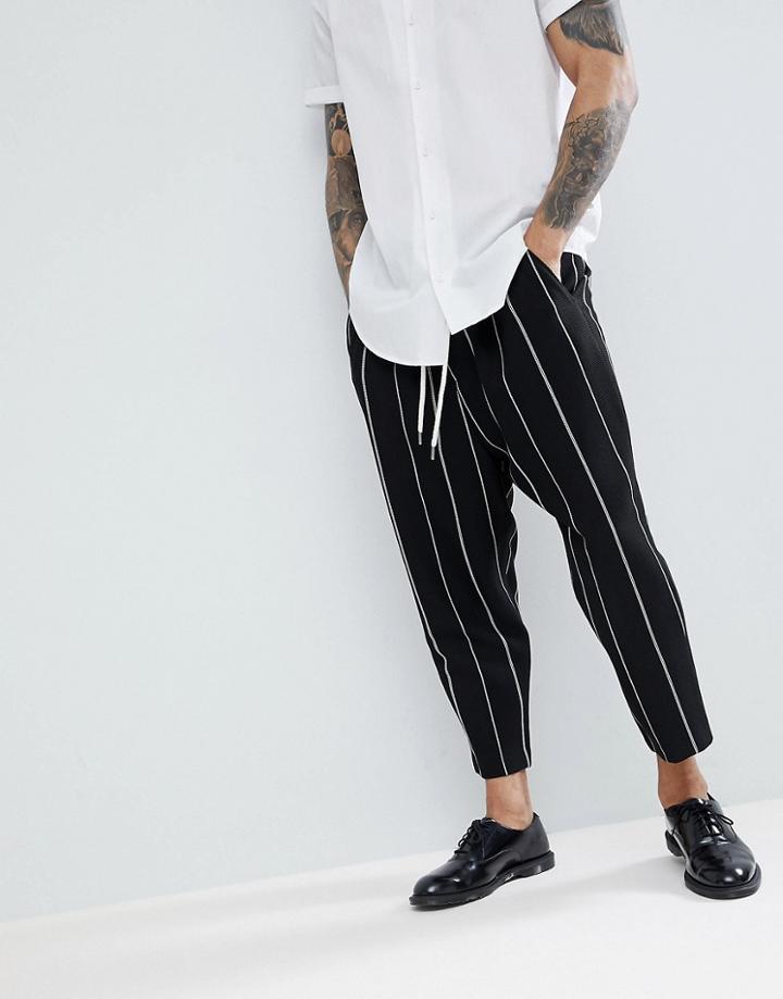 Asos Drop Crotch Tapered Smart Pants In Black Waffle With White Stripes - Black