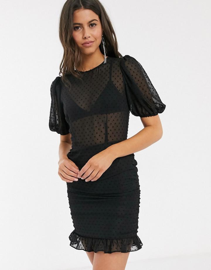 Asos Design Dobby Mini Dress With Frill Skirt And Puff Sleeve In Black