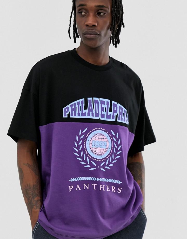 Asos Design Oversized T-shirt With Color Block Panel And Philadelphia Colligiate Print-black