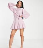 Asos Design Petite High Neck Pleated Mini Dress With Godet Detail In Pink