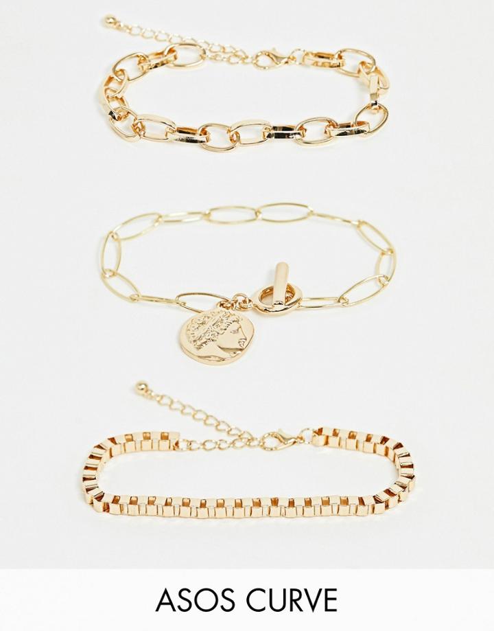 Asos Design Curve Pack Of 3 Bracelets With Open Link And Box Chain And Worn Coin Charm In Gold Tone - Gold