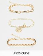 Asos Design Curve Pack Of 3 Bracelets With Open Link And Box Chain And Worn Coin Charm In Gold Tone - Gold