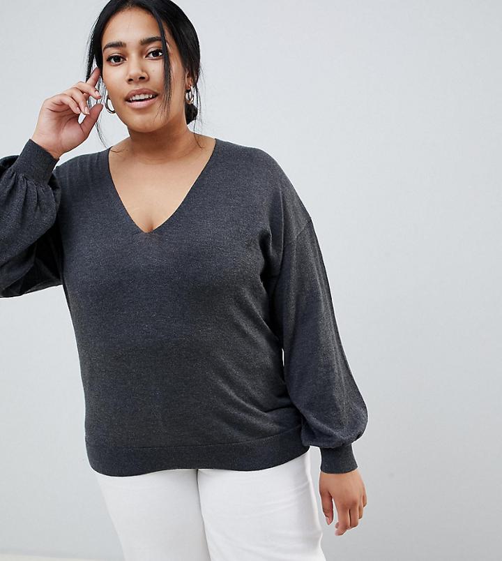 Asos Design Curve Eco V Neck Sweater With Balloon Sleeve - Gray