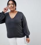 Asos Design Curve Eco V Neck Sweater With Balloon Sleeve - Gray