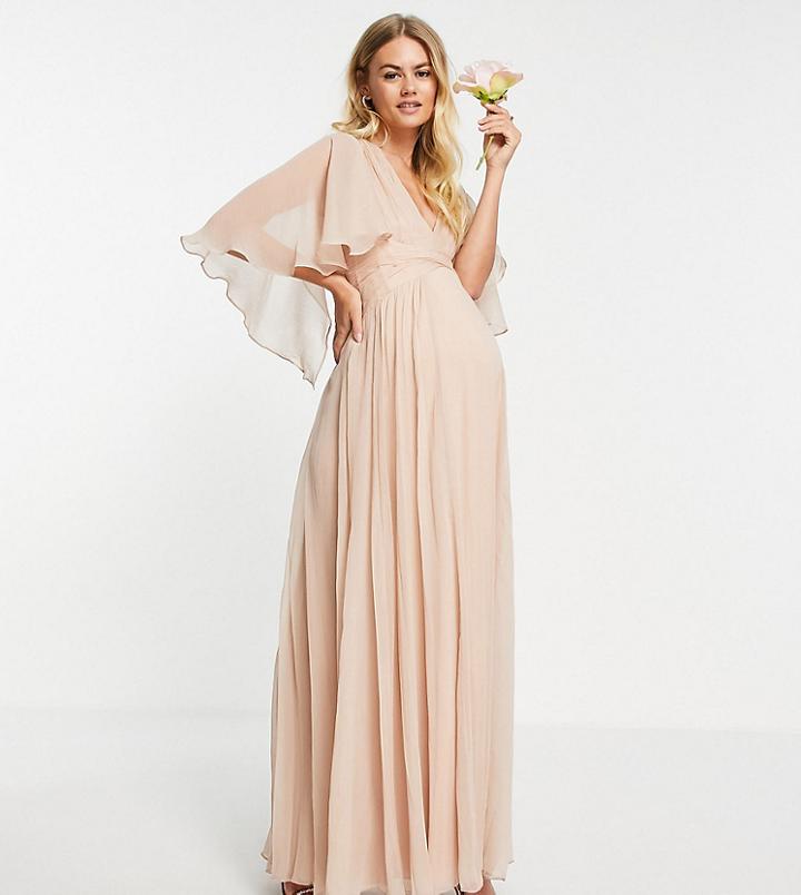 Asos Design Maternity Bridesmaid Ruched Bodice Drape Maxi Dress With Wrap Waist And Flutter Cape Sleeve In Blush-pink