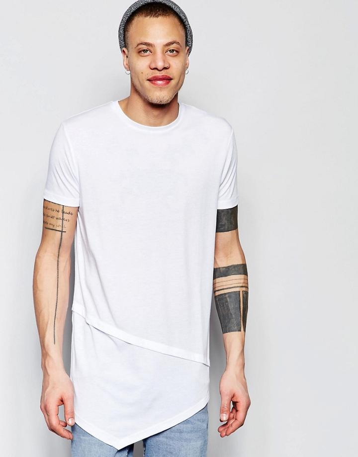 Asos Super Longline T-shirt In Asymmetric Double Layer In White - White