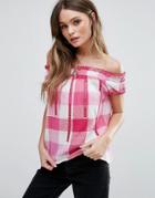 Qed London Off Shoulder Check Top - Pink