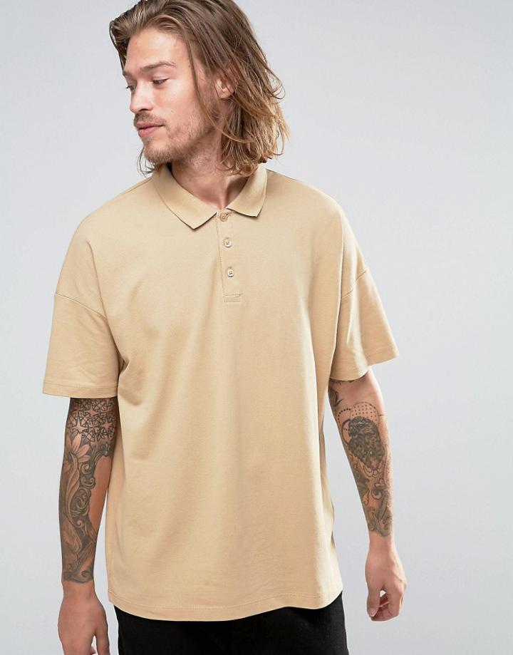 Asos Oversized Pique Polo Shirt In Beige - Beige