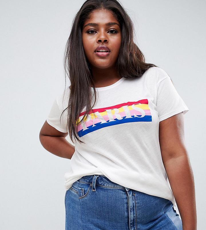 New Look Curve Paris Rainbow Print Tee - White