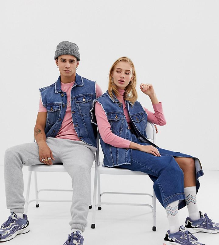 Collusion Unisex Denim Vest In Light Wash Blue - Blue